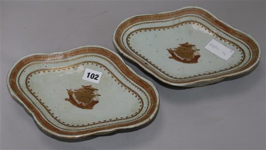 A pair of Chinese export enamelled porcelain lozenge shaped dishes, 19th century, made for the American market, 26.5cm